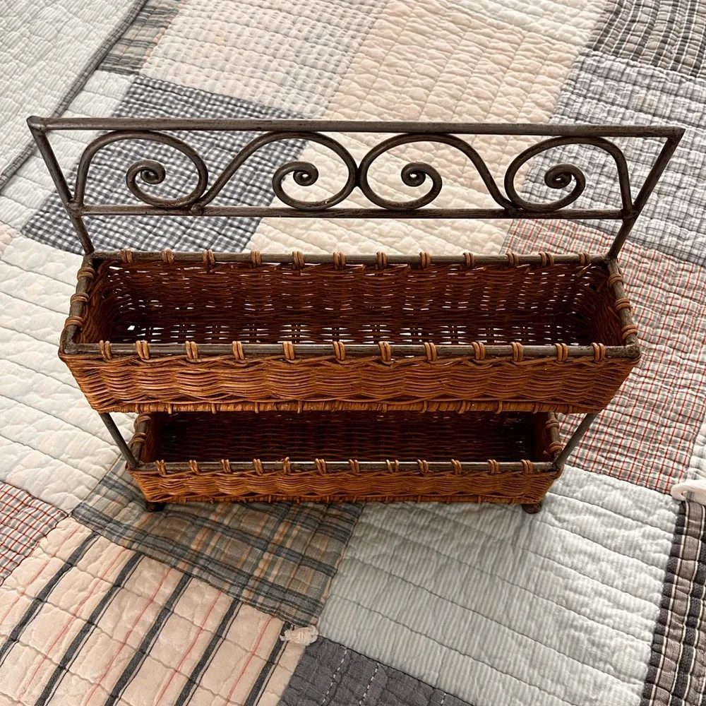 Two-Tier Wicker & Metal Basket Shelf – Farmhouse Organizer wrought iron